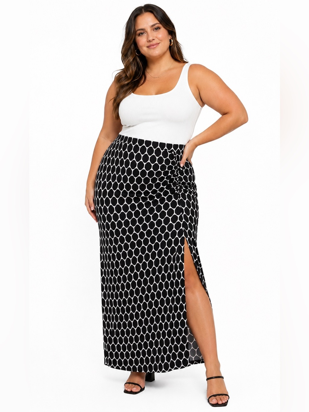 LANE BRYANT Women’s Black & White Geometric Patterned Ruched Maxi Skirt 14/16